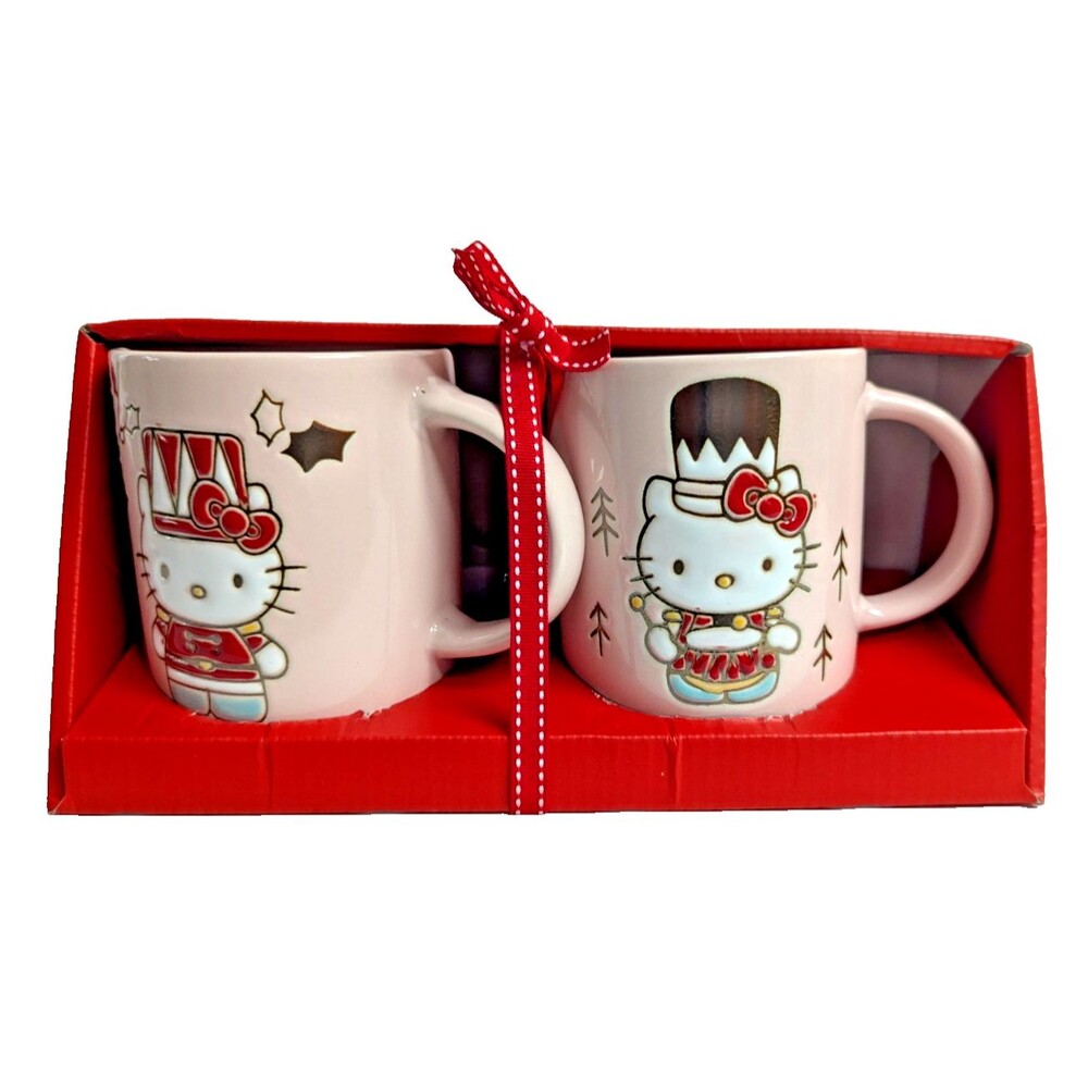 Hello Kitty Pink Coffee Mugs Nutcracker and Drummer Boy 2-Pc Christmas Gift NEW